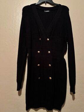 Black Double-Breasted V-Neck Women's Sweater Dress